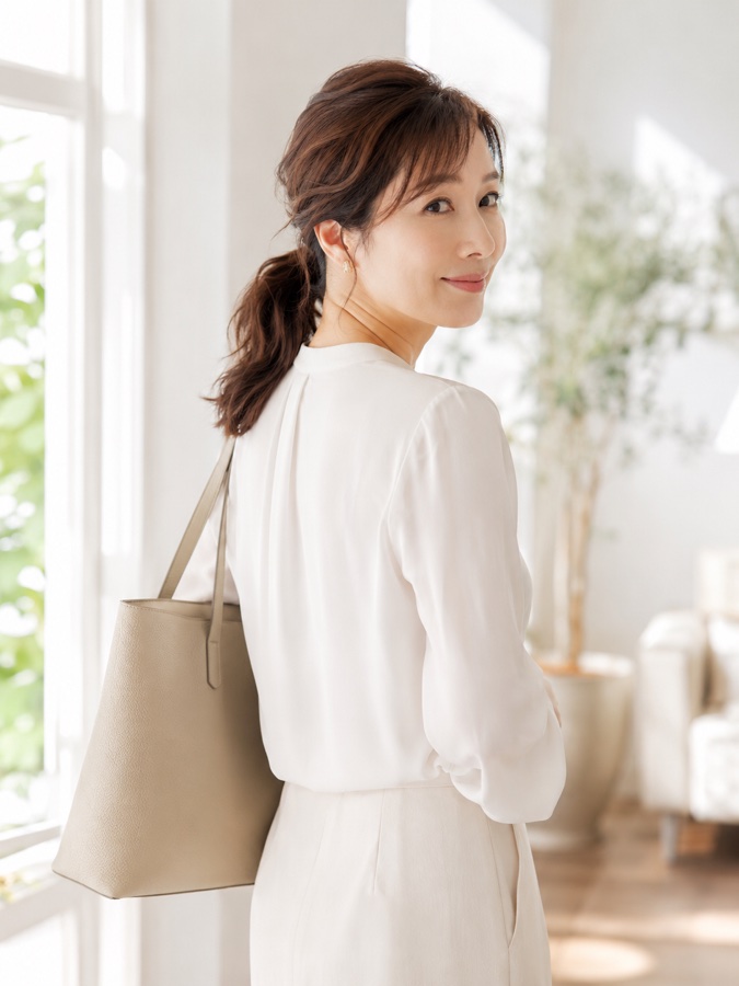 窓辺で振り返る大人の女性